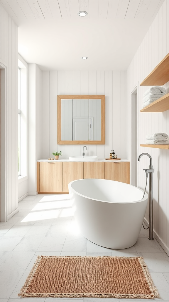 Modern Nordic spa bathroom with freestanding tub and wooden vanity