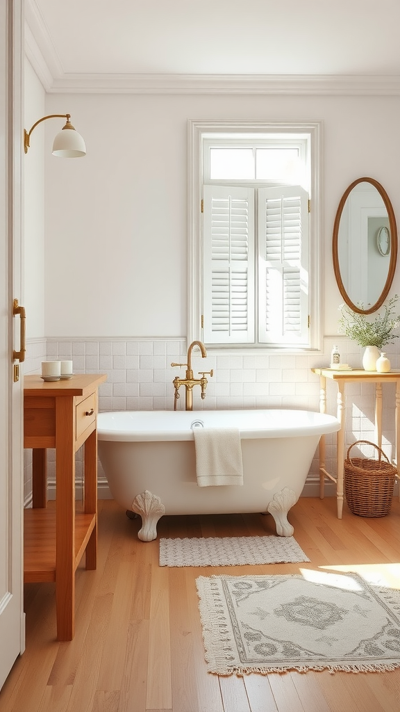 A bright and airy Nordic vintage bathroom featuring a clawfoot tub, wooden accents, and natural light.