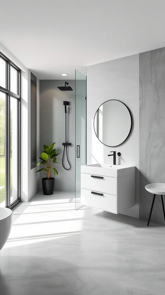 A modern Scandinavian wet room with a glass shower, minimalist sink, and natural light.