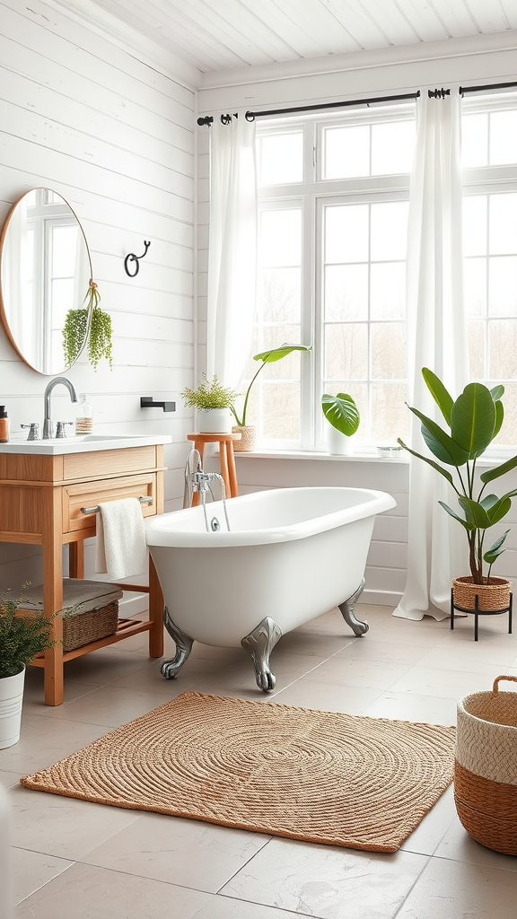 A rustic Scandinavian bathroom with a whitewashed theme featuring a freestanding bathtub, wooden vanity, and plants.