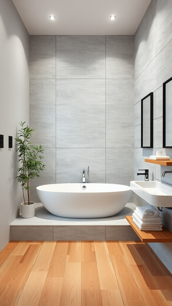 A minimalist Scandinavian bathroom featuring a freestanding tub, gray tiled walls, wooden flooring, and a small potted plant