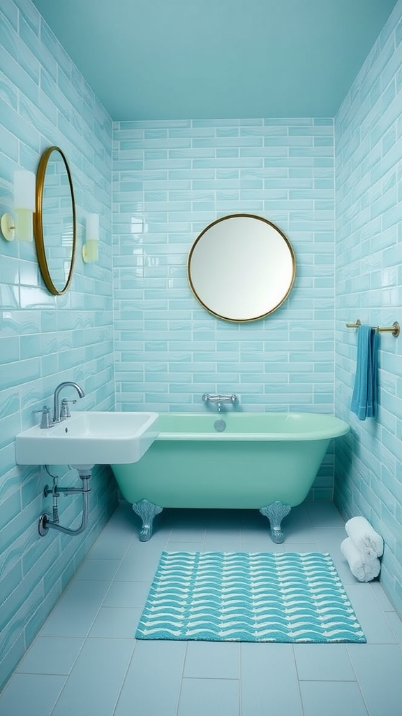 A stylish bathroom featuring ocean-inspired blues with a freestanding tub, light teal tiles, and wave-patterned decor.