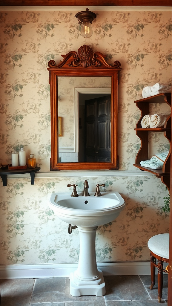 Vintage bathroom with a wooden mirror and floral wallpaper