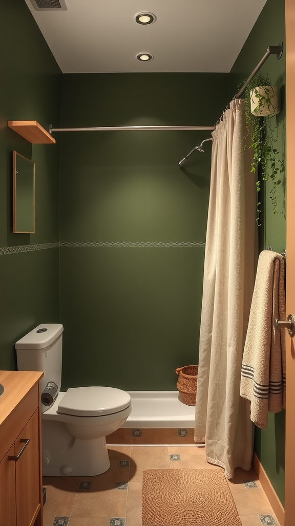 Small bathroom featuring olive green walls and beige accents