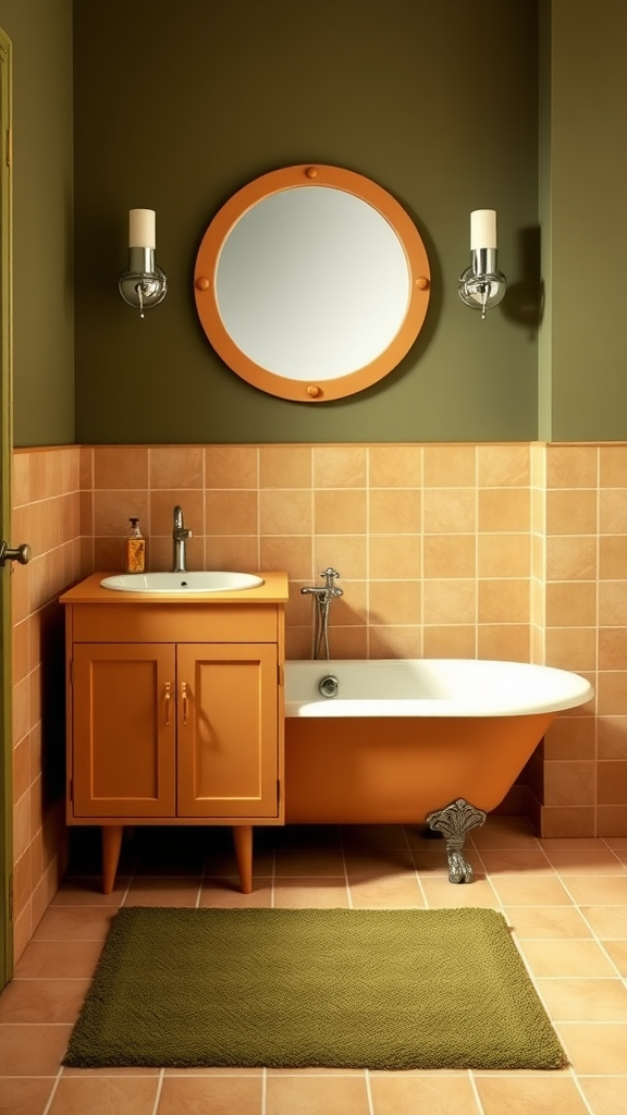 A 70s style bathroom featuring olive green walls, tan tiles, an orange vanity, and a clawfoot bathtub.