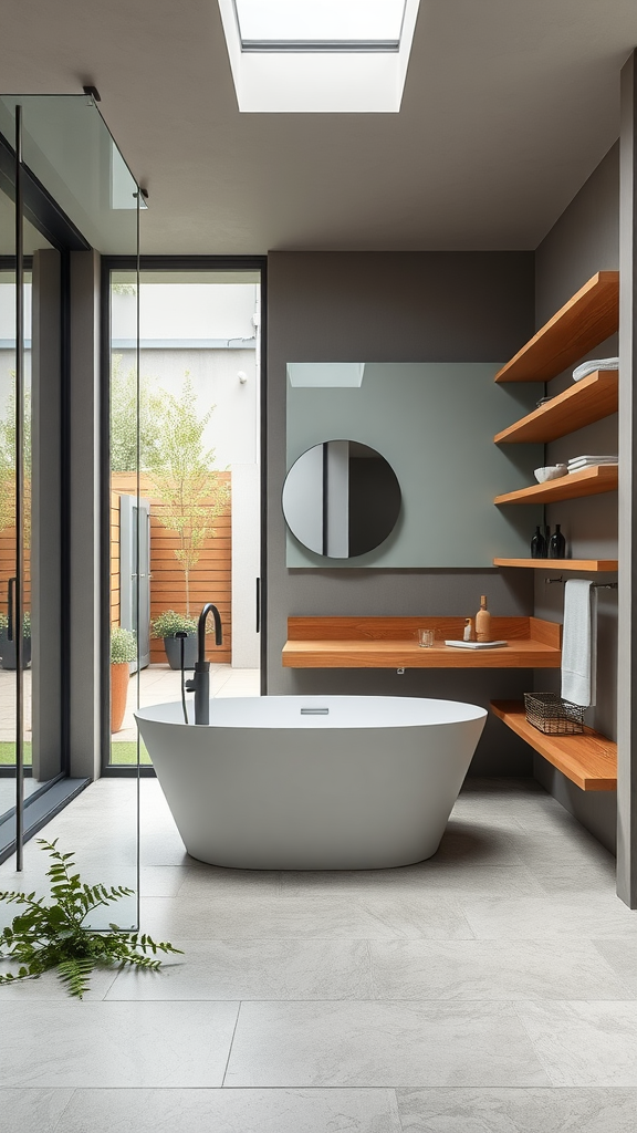 A minimalist bathroom with a freestanding bathtub, wooden shelves, and large glass doors allowing natural light.