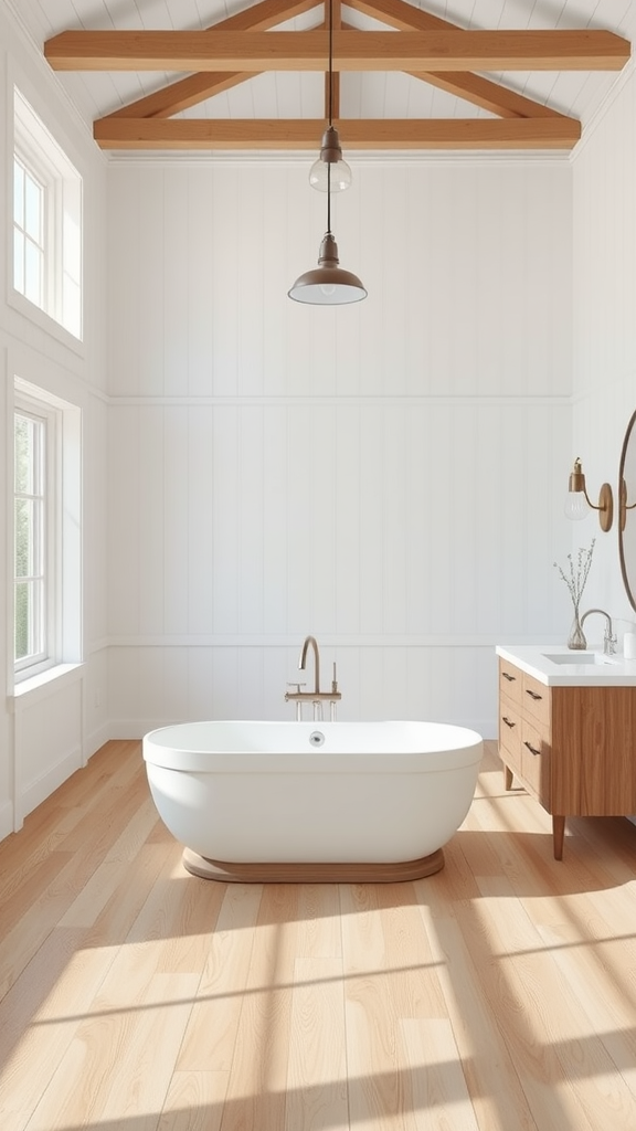 Open concept farmhouse bathroom featuring a freestanding bathtub and wooden elements.