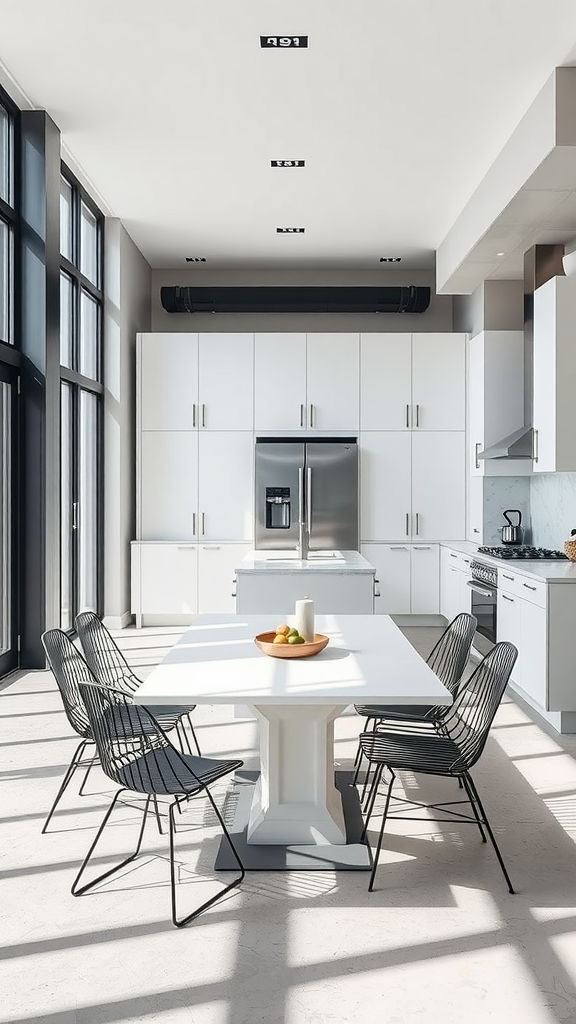 Modern open concept kitchen and dining area with large windows, white cabinetry, and a stylish dining table.