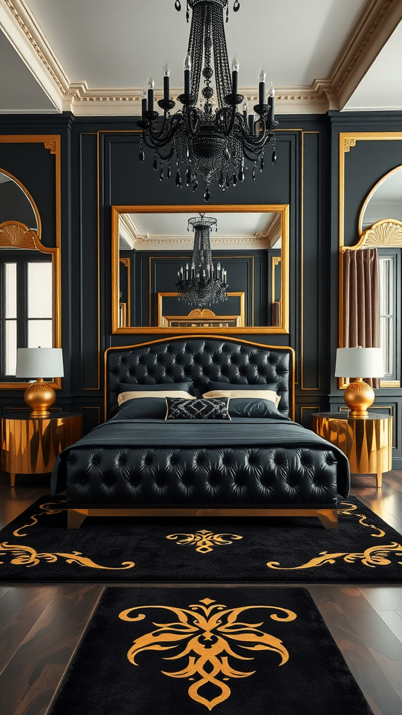 An opulent Art Deco bedroom featuring black and gold accents.