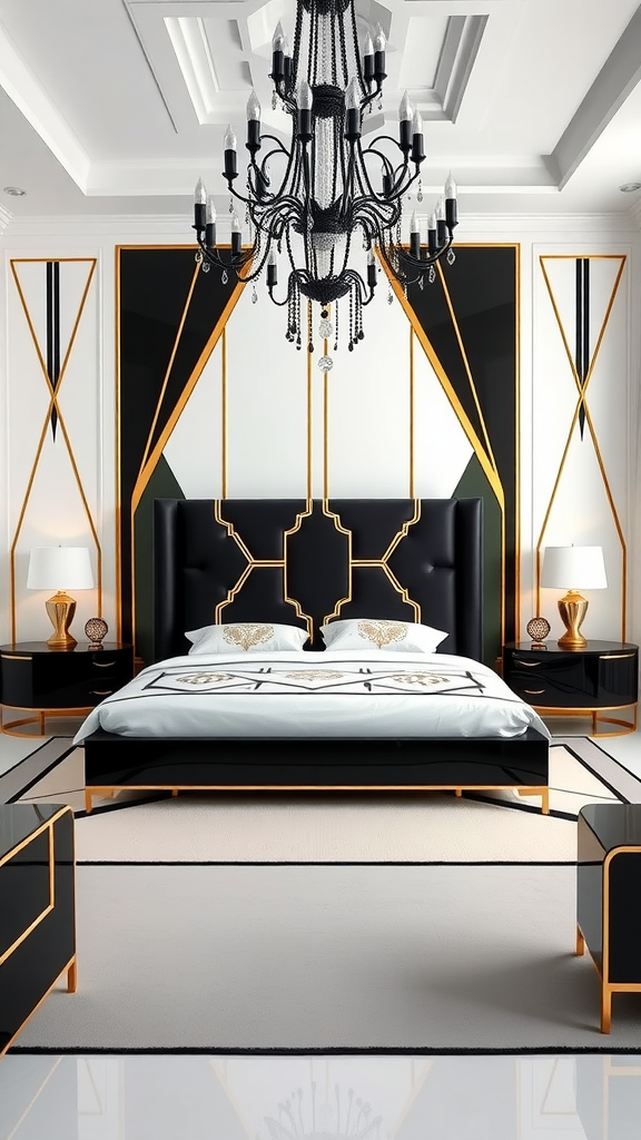 Opulent Art Deco bedroom with black, white, and gold decor featuring a stylish bed, elegant nightstands, and a chandelier.