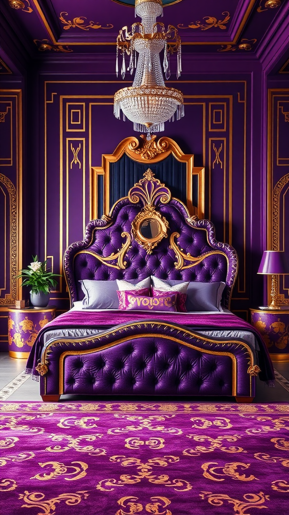 Opulent Art Deco bedroom featuring rich purple walls, a luxurious bed with gold accents, and a sparkling chandelier.