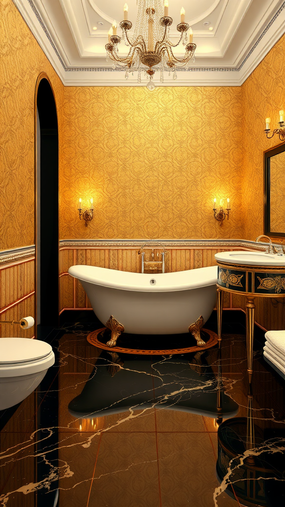 A luxurious Art Deco bathroom featuring golden wallpaper, a freestanding bathtub, a chandelier, and a glossy marble floor.