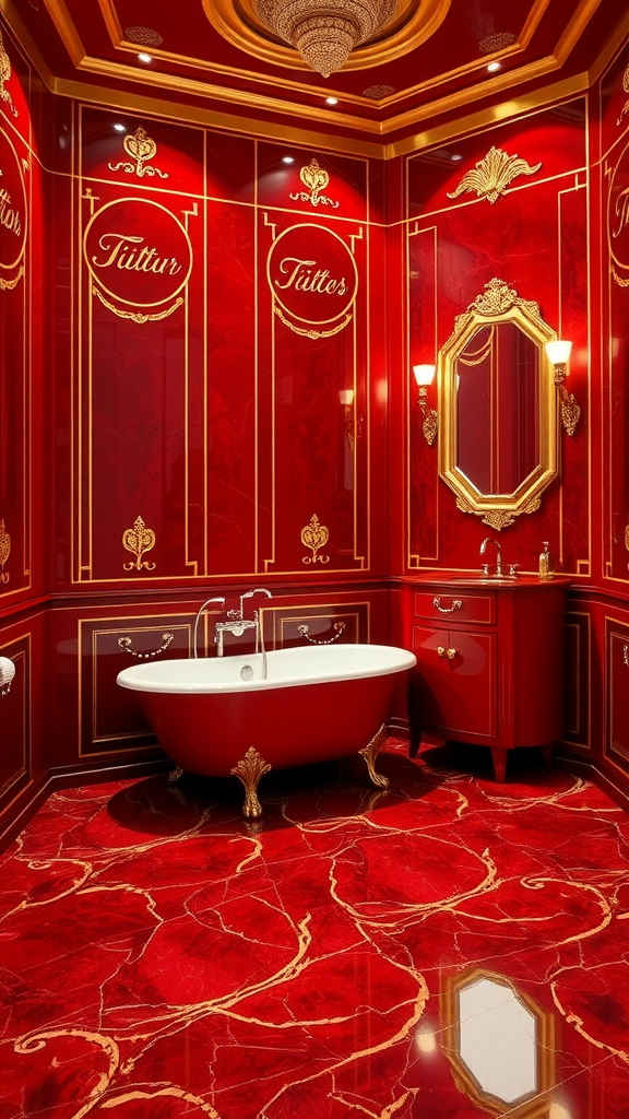 Opulent Art Deco bathroom featuring red walls with gold accents and a vintage bathtub