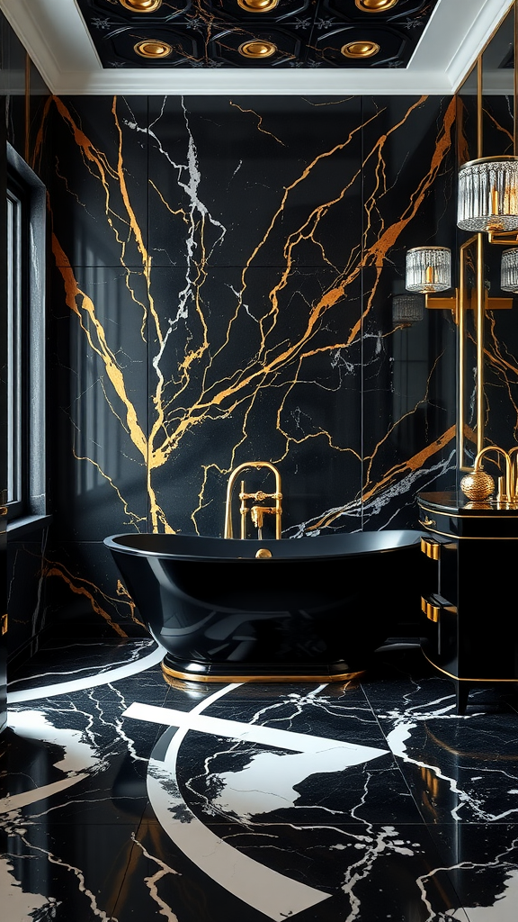 Opulent black and gold marble bathroom featuring a freestanding black tub and elegant fixtures.