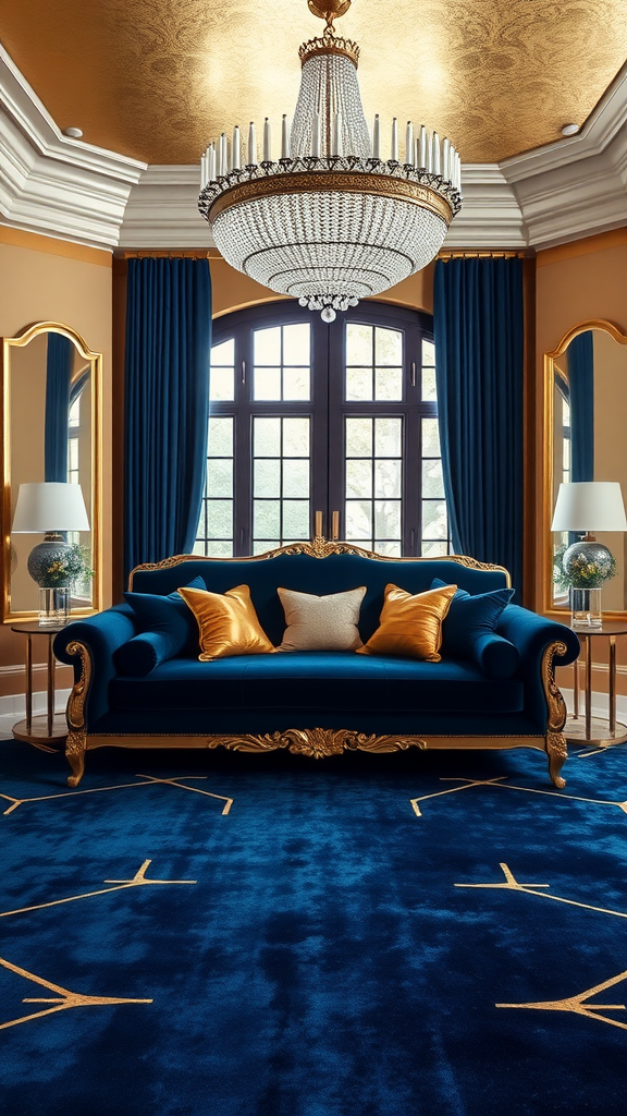 A luxurious living room featuring a blue velvet couch, gold accents, and a stunning chandelier.