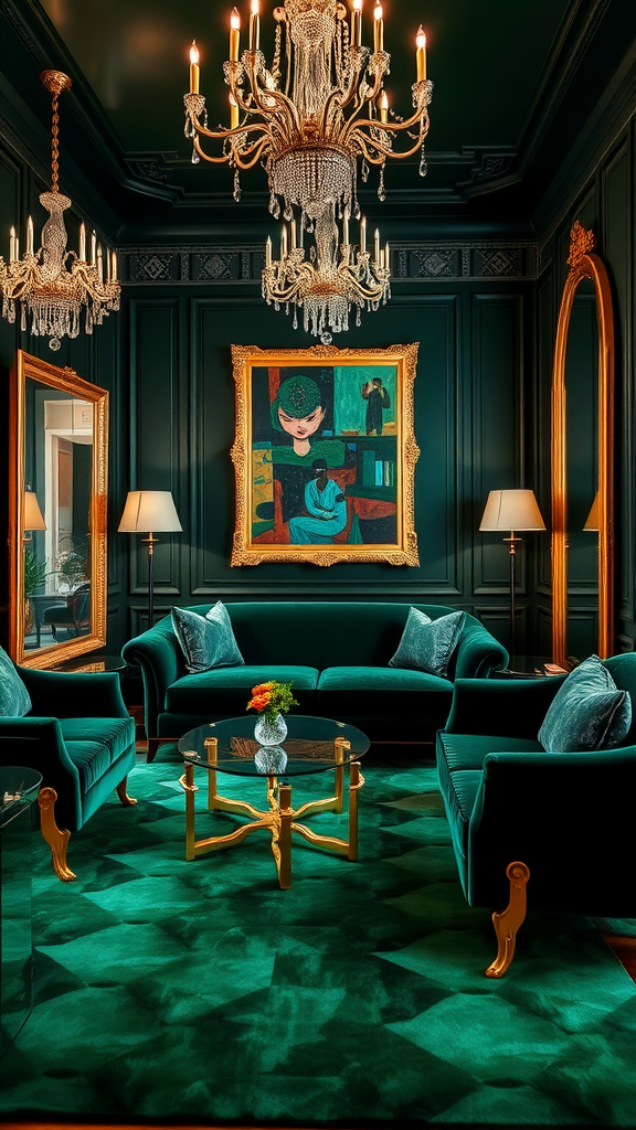 A luxurious Art Deco living room featuring emerald green tones, crystal chandeliers, and elegant furnishings.