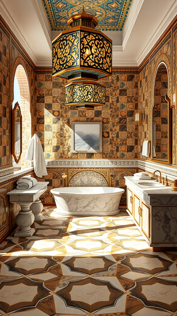 Luxurious Moroccan bathroom with ornate tiles, a freestanding tub, and elegant lighting.