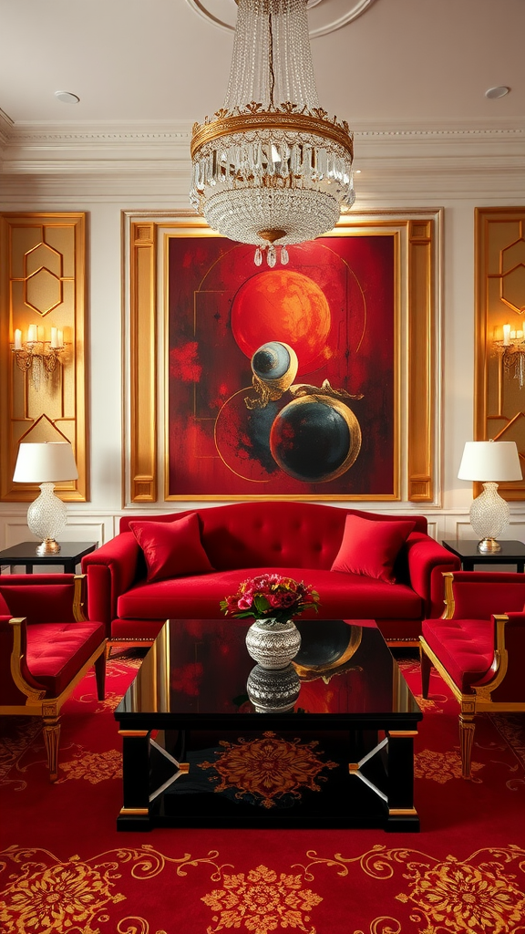 An opulent Art Deco living room with red velvet furniture, a crystal chandelier, and a bold artwork.