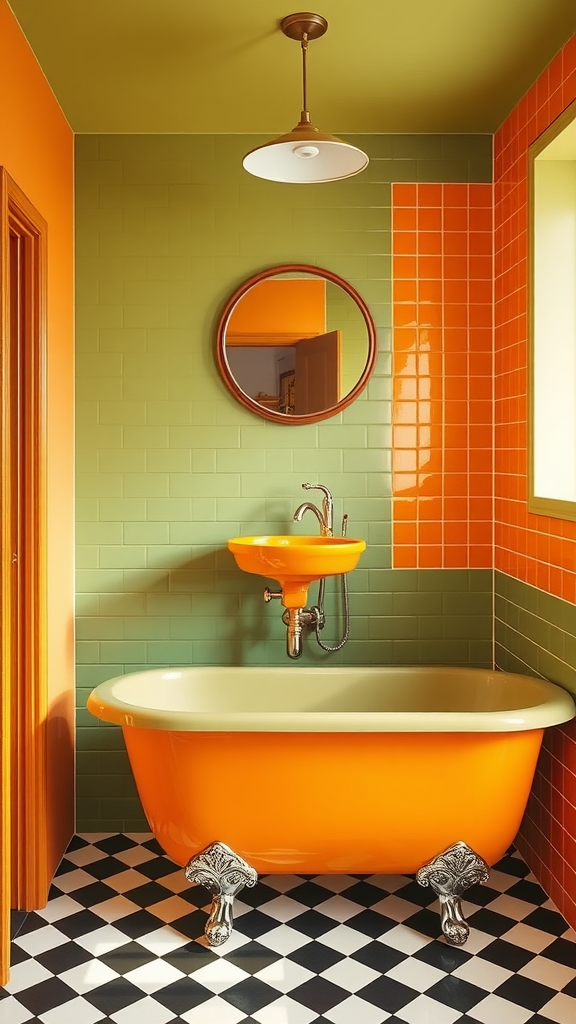 A vibrant 70s-style bathroom featuring an orange bathtub, olive green walls, and black and white checkered flooring.