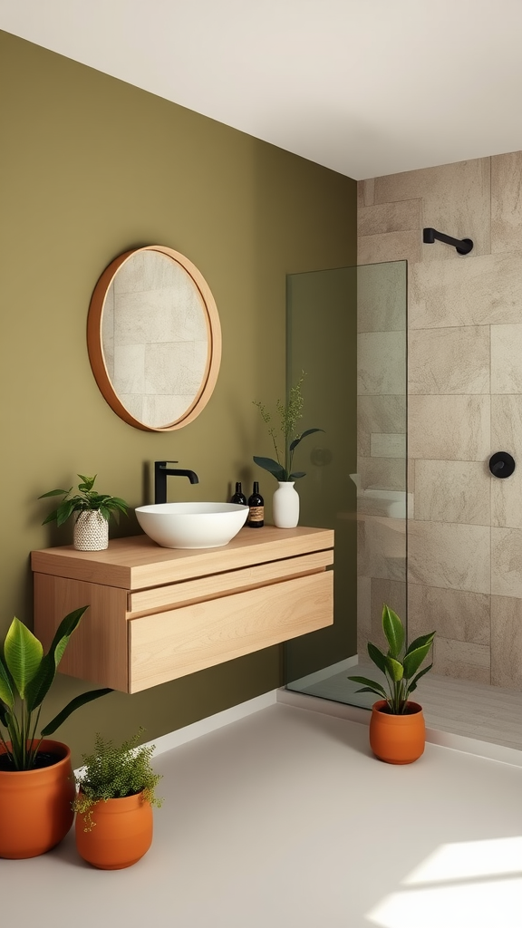 A minimalist bathroom with olive green walls, a wooden floating vanity, and plants in terracotta pots.