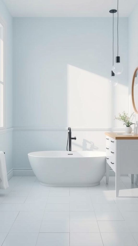 Minimalist bathroom with pale blue walls, freestanding bathtub, and wooden vanity.