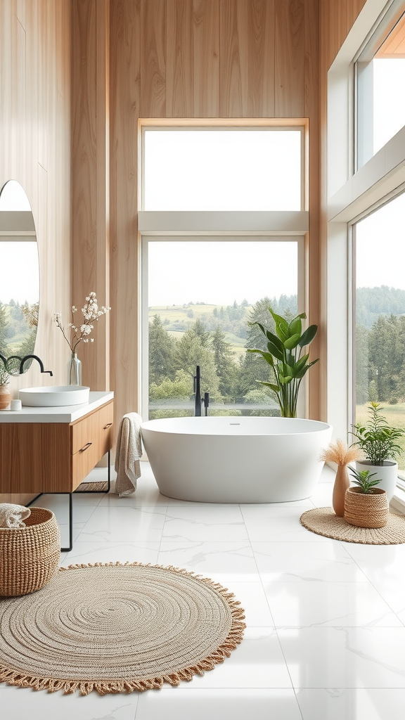 A modern bathroom featuring pale wood walls, marble flooring, a freestanding bathtub, and plants, creating an earthy atmosphere.