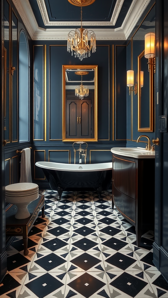 Luxurious Parisian bathroom featuring deep blue walls, gold accents, and a stylish freestanding bathtub.