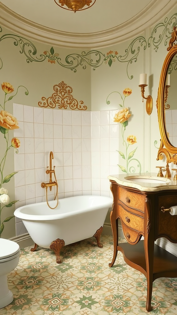 A beautifully decorated Parisian bathroom with floral murals, a freestanding bathtub, and an ornate wooden vanity.