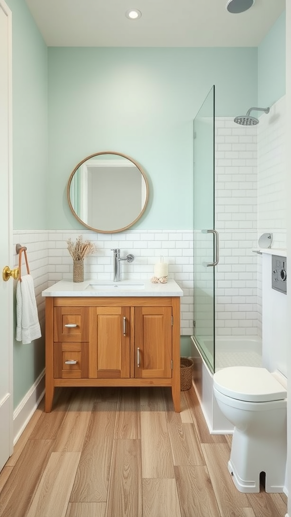 Coastal-inspired bathroom with mint green walls, wooden vanity, and glass shower enclosure.