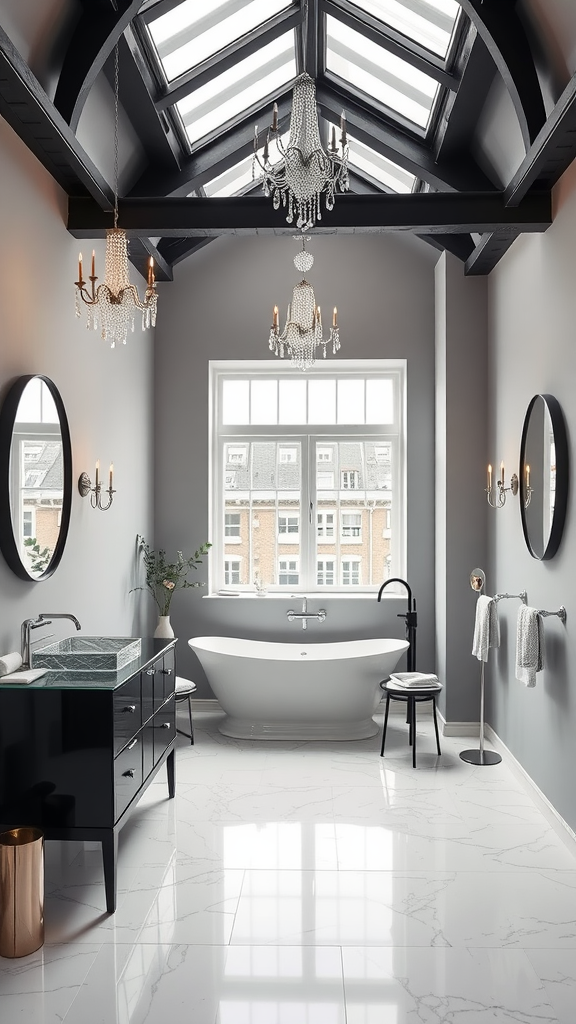 A stylish bathroom featuring a vaulted ceiling with chandeliers, a freestanding bathtub, and a marble floor.