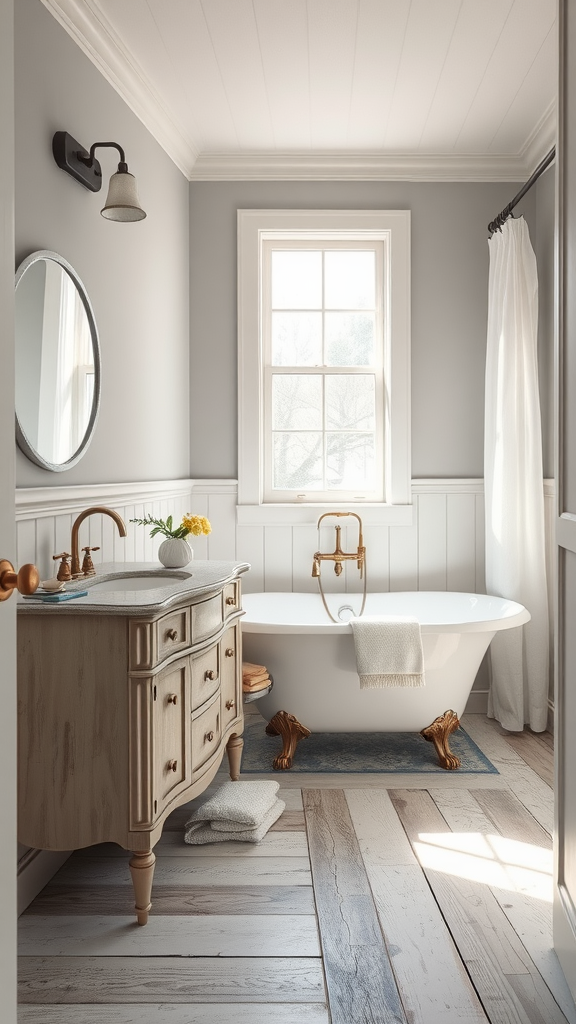 A modern farmhouse bathroom designed with gray walls, a freestanding bathtub with golden feet, a wooden vanity, and natural light.
