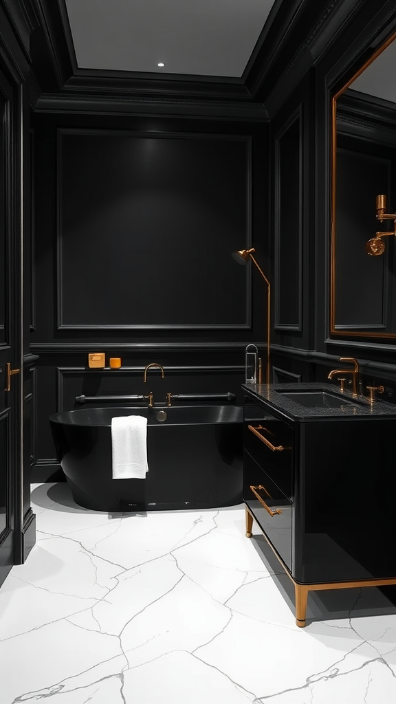 A stylish Parisian bathroom featuring black walls, a black bathtub, gold fixtures, and white marble flooring.