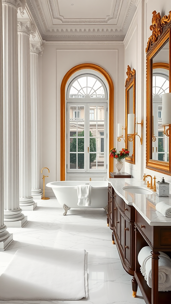 Neo-classical Parisian bathroom featuring tall columns, freestanding bathtub, and elegant decor.