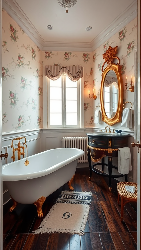 Vintage Parisian hotel bathroom featuring a freestanding bathtub, floral wallpaper, and elegant decor.
