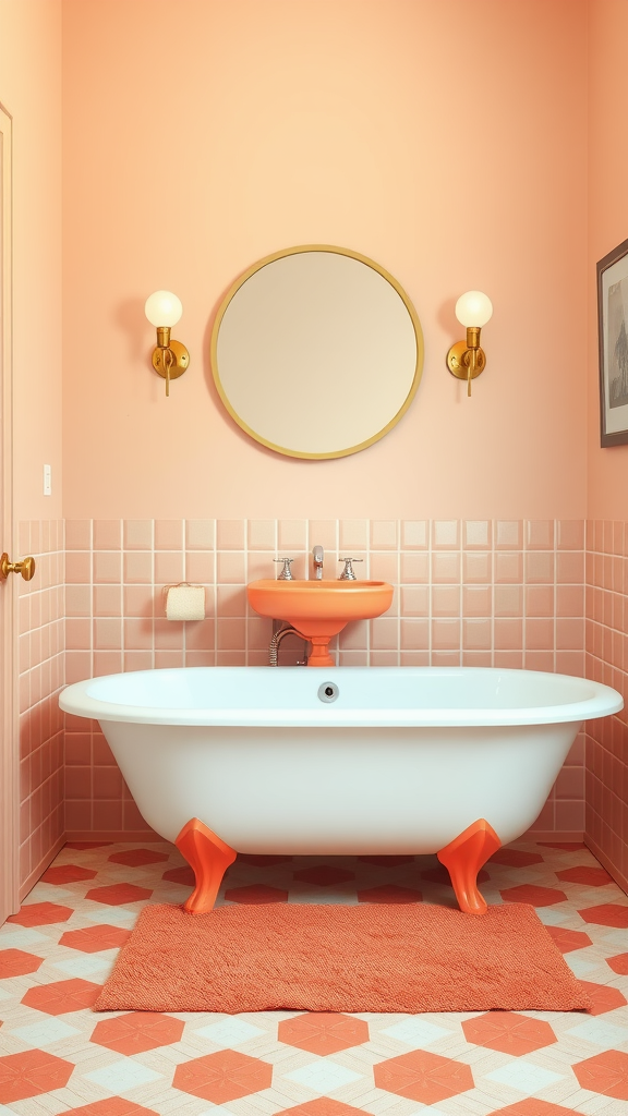 A retro 70s bathroom with peach walls, coral accents, and a freestanding bathtub with orange feet.