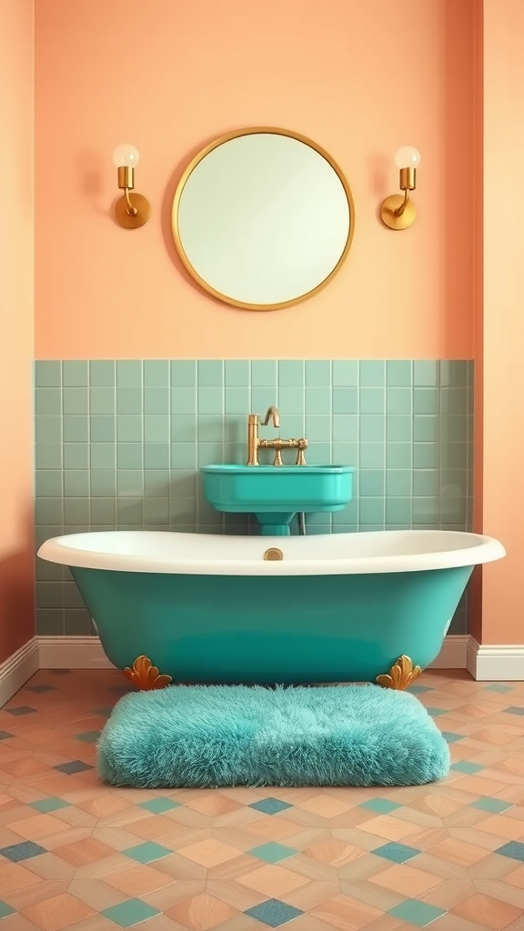 A 70s style bathroom featuring peach walls, teal tiles, and a vintage bathtub.