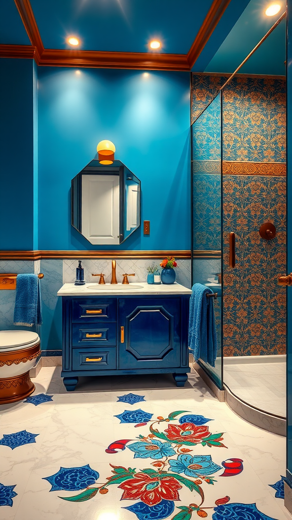 A stylish bathroom featuring peacock blue walls, a floral patterned floor, and bronze fixtures.