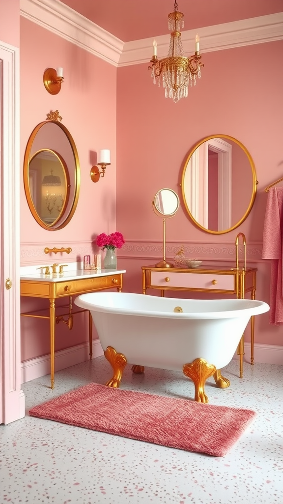 A glamorous 70s bathroom with pink walls, gold fixtures, a white clawfoot bathtub, and elegant decor.