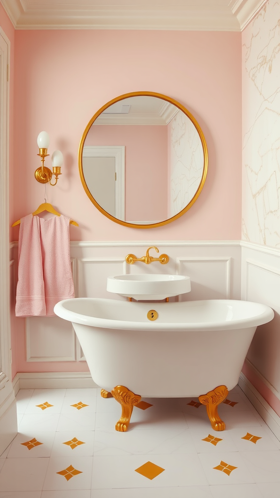 A stylish 70s inspired bathroom featuring pink walls, gold fixtures, and a vintage white bathtub with gold lion paw feet.