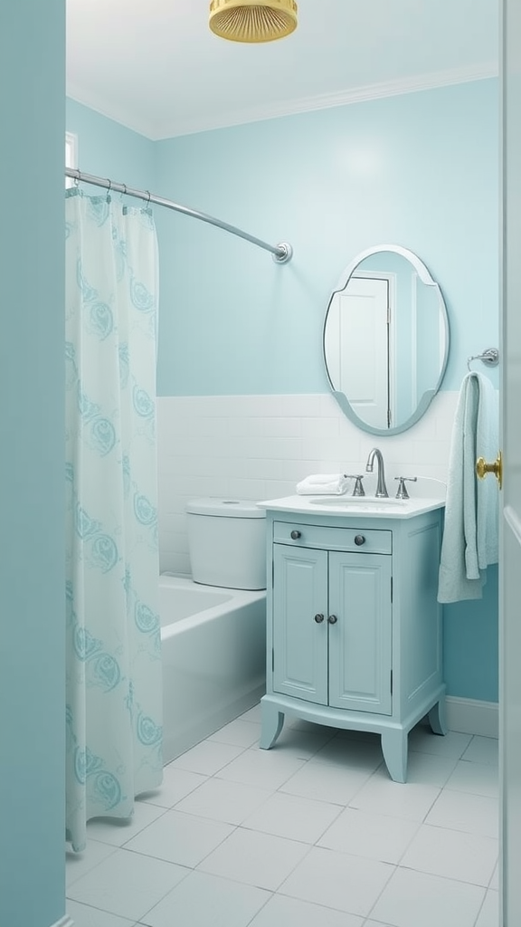 Small bathroom with powder blue walls and white fixtures