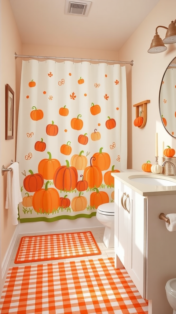 A bright and cheerful bathroom decorated with orange pumpkin motifs on the shower curtain and a matching checkered rug.