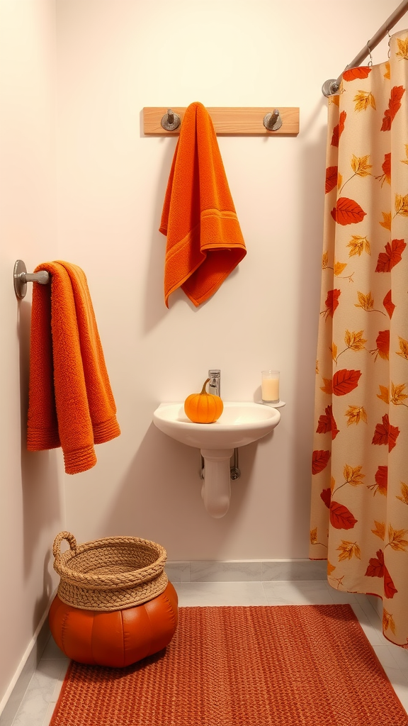 Bathroom decorated with orange towels, pumpkin, and seasonal leaf motifs.