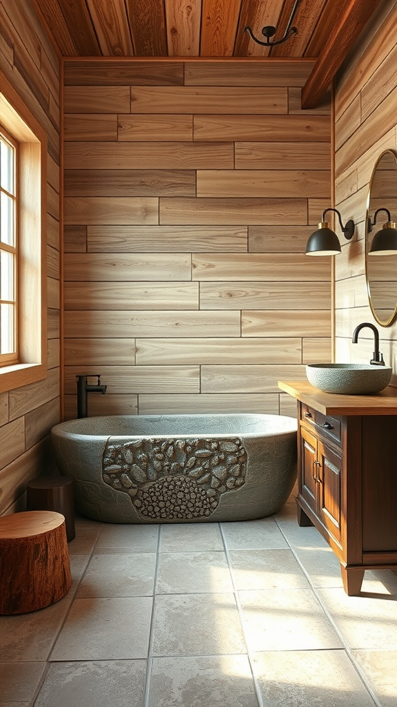 A bathroom featuring reclaimed wood walls and ceiling, a stone tub, wooden vanity, and natural light.