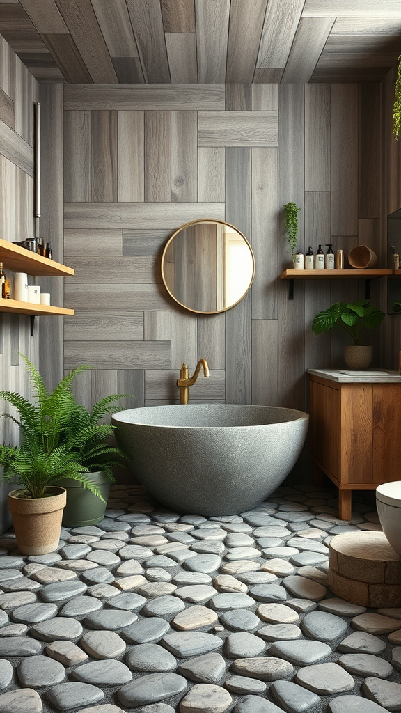 A bathroom with recycled wood walls, riverstone floor, a round stone bathtub, and natural plants.