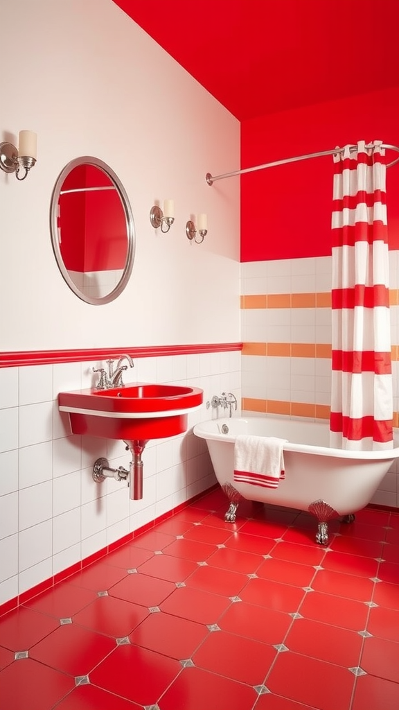 A 70s style bathroom featuring red and white decor with a round mirror, striped shower curtain, and red sink.