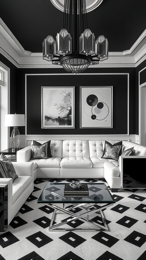 A luxurious black and white Art Deco living room featuring a sectional couch, geometric rug, and an elegant chandelier.