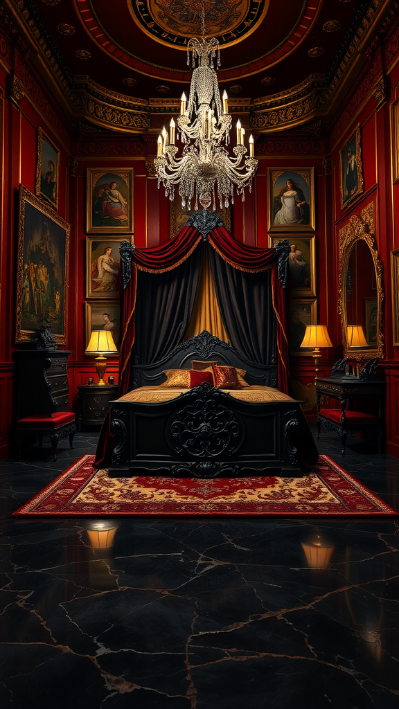 A luxurious Renaissance dark bedroom featuring a black bed, deep red walls, ornate decor, and a sparkling chandelier.