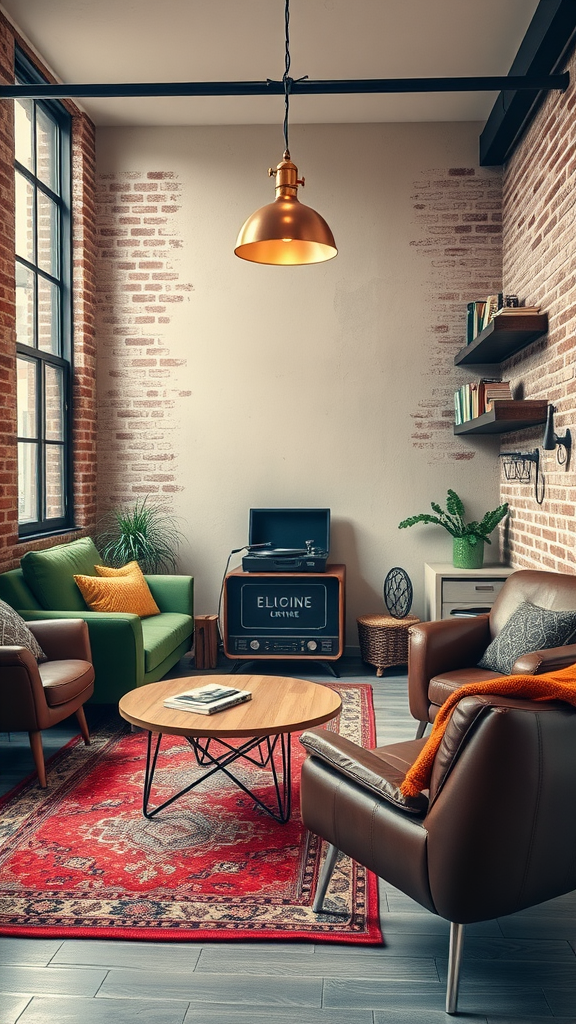 A retro-inspired industrial living room featuring exposed brick walls, a green sofa, brown leather chairs, a patterned rug, and a vintage television.