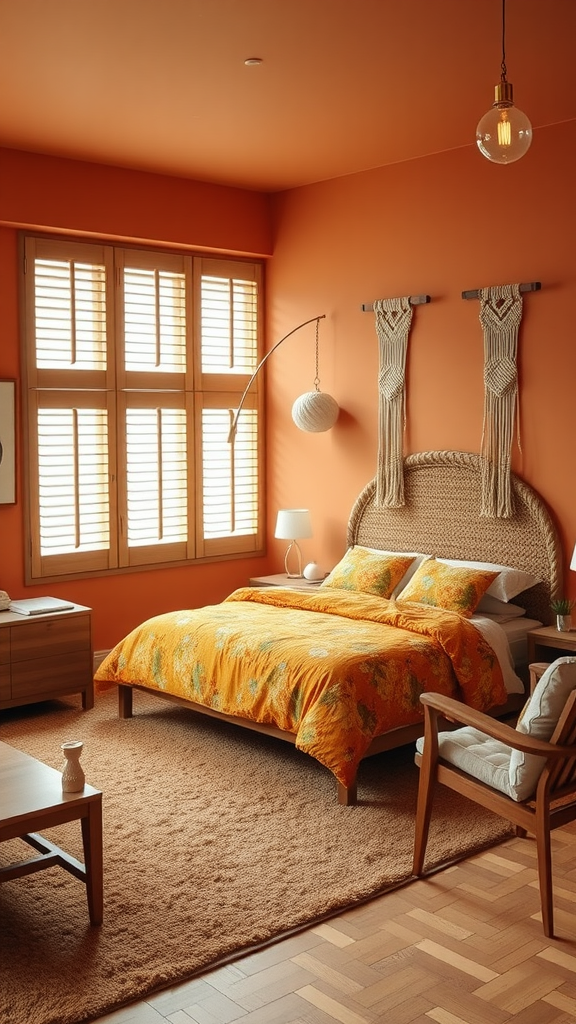 A retro boho bedroom featuring orange walls, a woven headboard, floral bedding, and natural decor elements.