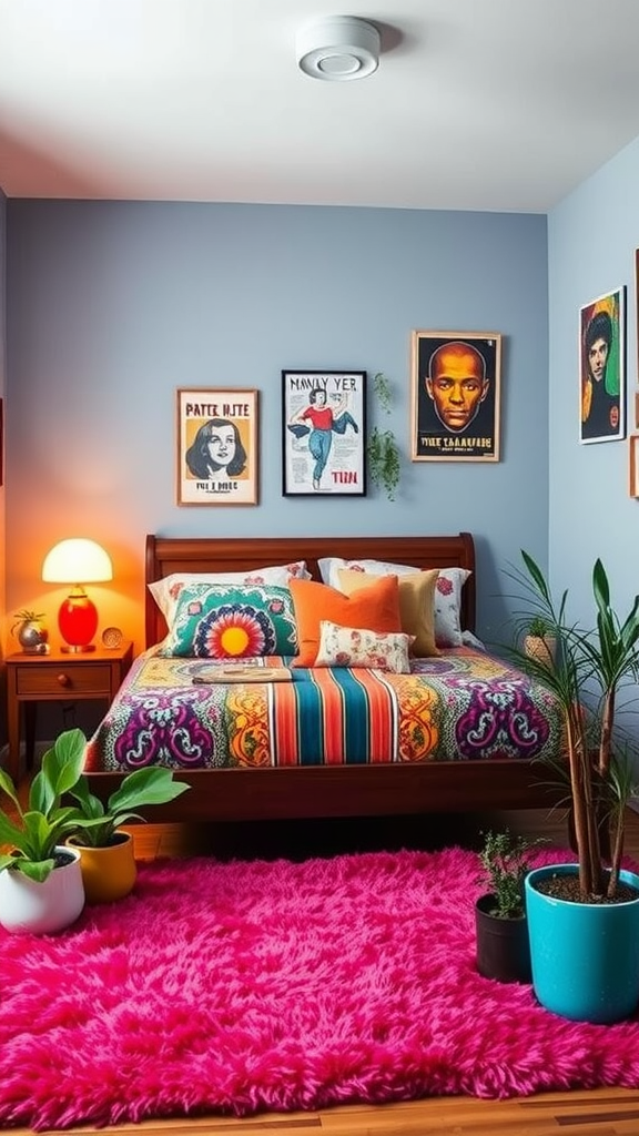 A vibrant retro bohemian bedroom with colorful decor and plants.